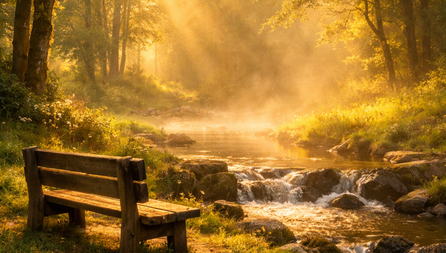 Wooden bench overlooking a small flowing stream surrounded by trees with sun rays